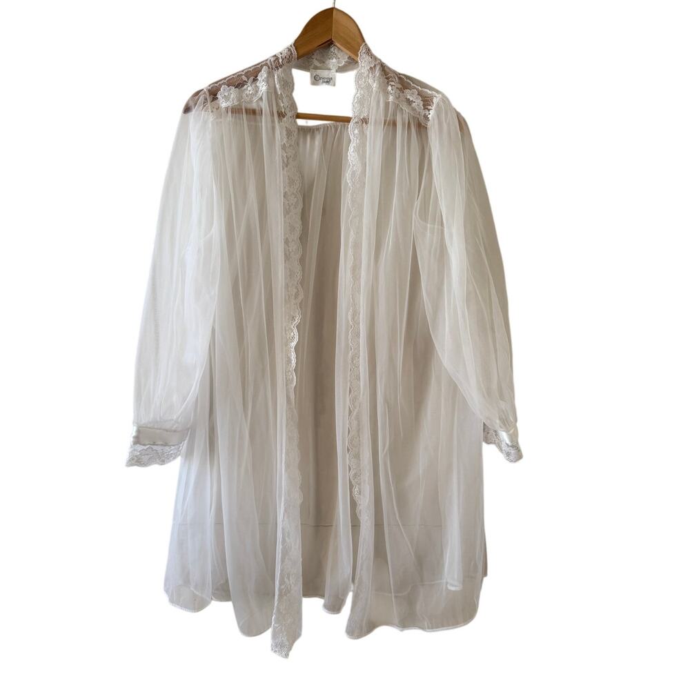 Vintage Sheer Chiffon Dressing Robe Lace Trimmed White